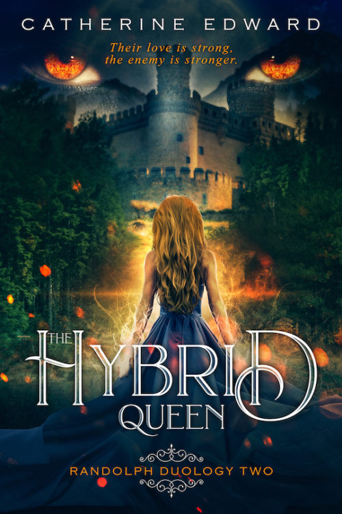 The Hybrid Queen Cover: A Girl Facing a Castle and Wolf Eyes