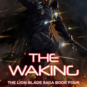 A robotic alien dominates a landscape of red and orange. The book title reads The Waking